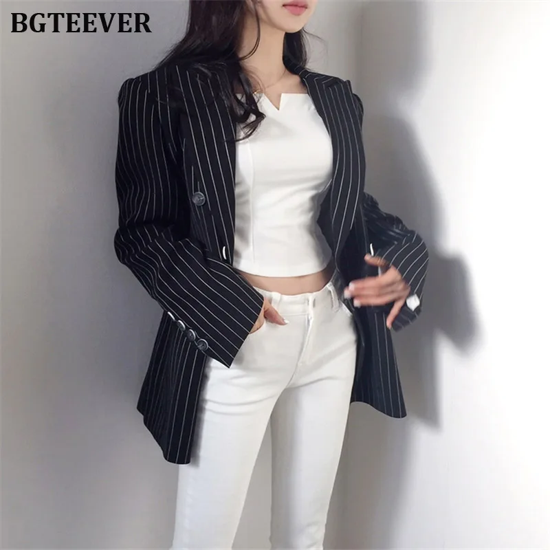 Офисные женские полосатые блейзеры женский двубортный костюм куртка