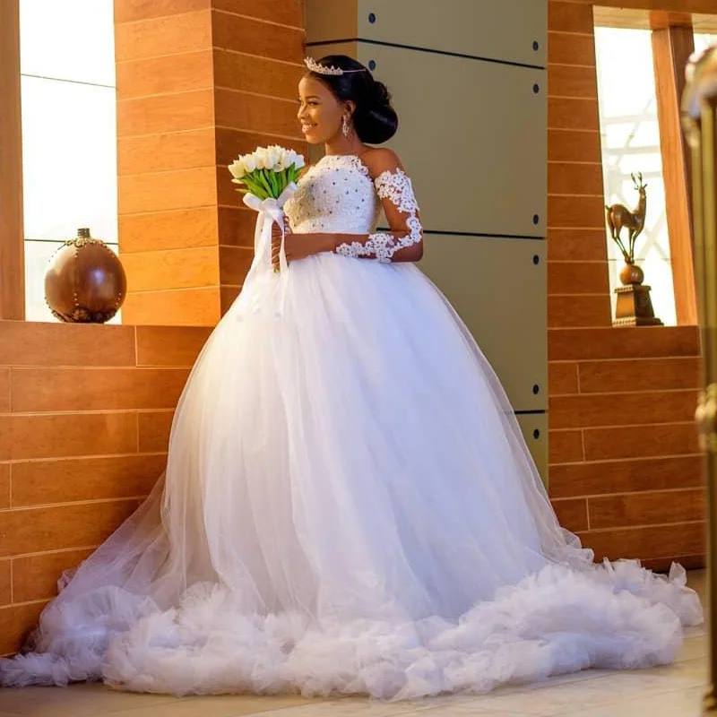 Дешевое Белое Бальное Платье Свадебное платье с прозрачным рукавом на шнуровке