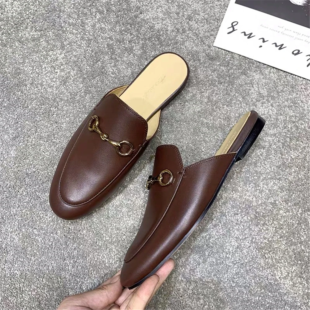 Junetxin/Брендовые женские шлепанцы с круглым носком на низком каблуке Кожаные туфли