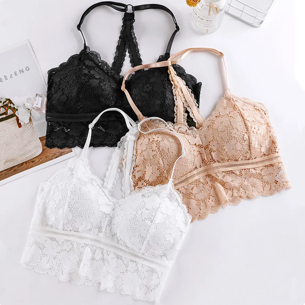 

New Women Lace Bras Top Comfortable Bralette Solid Color Beauty Back Underwear Sexy Vest Female Add pad Wireless Bra Lingerie