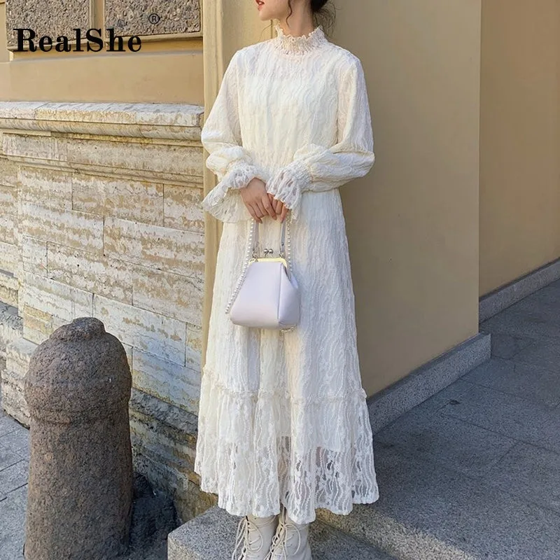 RealShe длинное платье элегантное с оборками длинный рукав сплошное кружевное