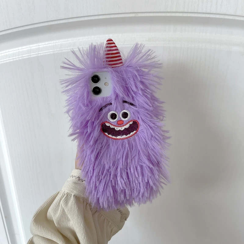 

Cute Cartoon Purple Monster Furry Phone Case For iPhone 13 12 11 Pro Max X Xs Max Xr 7 8 Plus Cases Hairy Warm Plush Soft Cover
