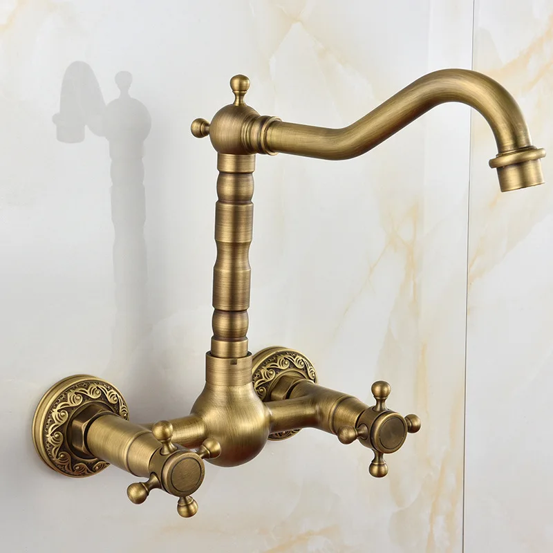 

European Brass Antique Wall-mounted Kitchen Faucet Rotatable Bathroom Faucets Hot and Cold Water Faucet Home Decoration