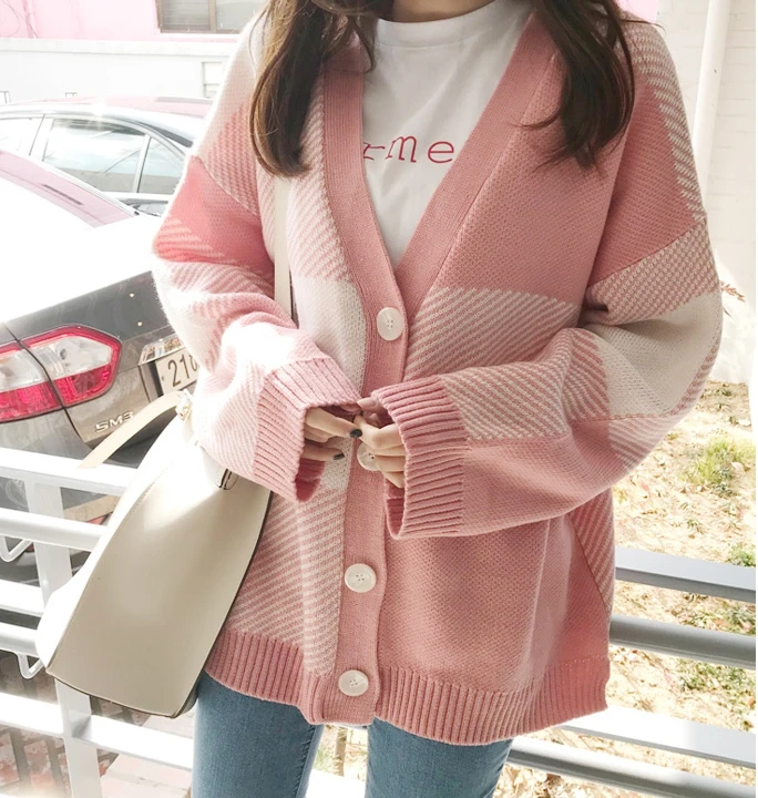 JSXDHK Autumn Winter Women's Cardigans New 2020 Fashion Sweet Single Breasted V Neck Knitting Plaid Pink Loose Sweater Coat |