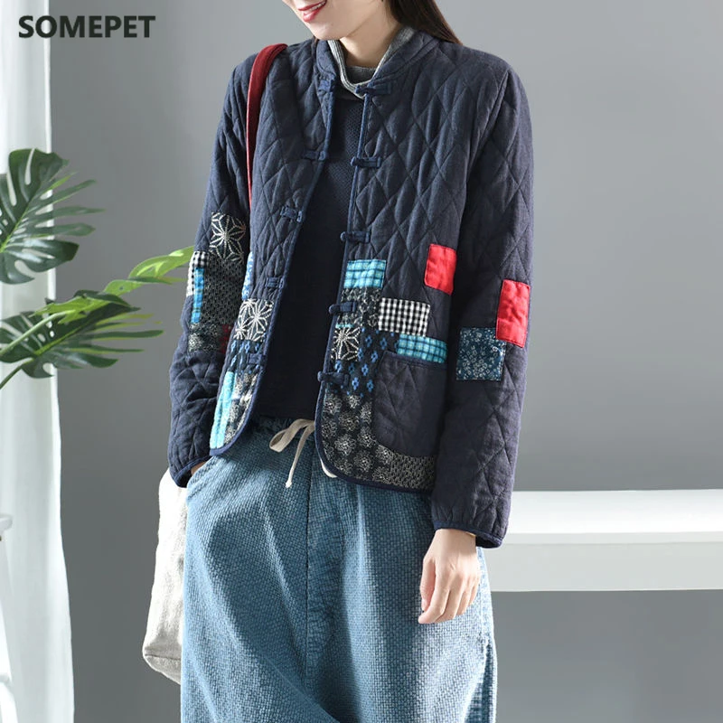 

Autumn Winter Arts Style Women Long Sleeve Vintage Short Coat Patchwork Cotton Linen Single Breasted Thicken Jackets