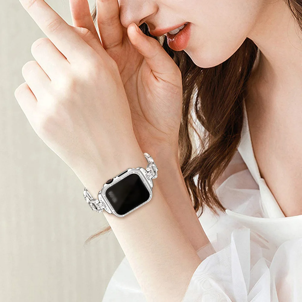 

Newest Women Jewelry Replacement Metal Wristband Strap With 2PCS Bling Diamond PC Protective Case For IWatch Series 4/5/6