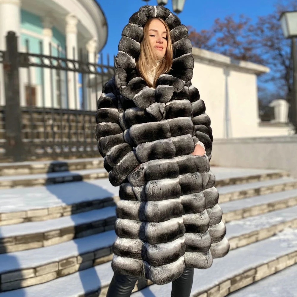 100cm Long Real Rex Rabbit Fur Coat Real Women Winter Fashion Whole Skin Genuine Rex Rabbit Fur Coats with Hood Luxury Overcoats