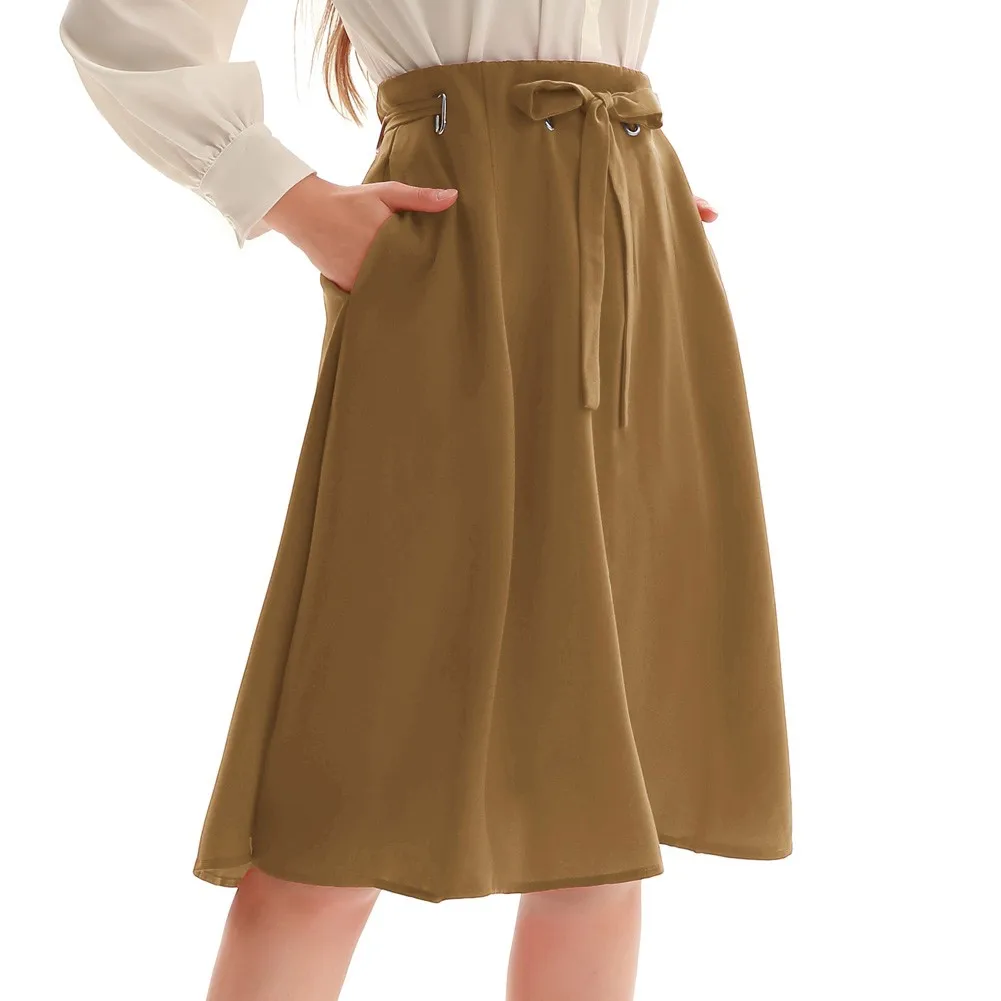 

Women Belt Decorated Skirt High Waist Flared A-Line Skirt Knee Length Fashion Solid Pockets Casual Girls Swing Skirts Ladies New