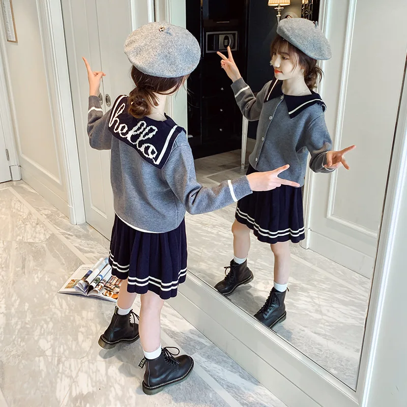

2021 autumn new2 piece girl suit navy blue sweater suit