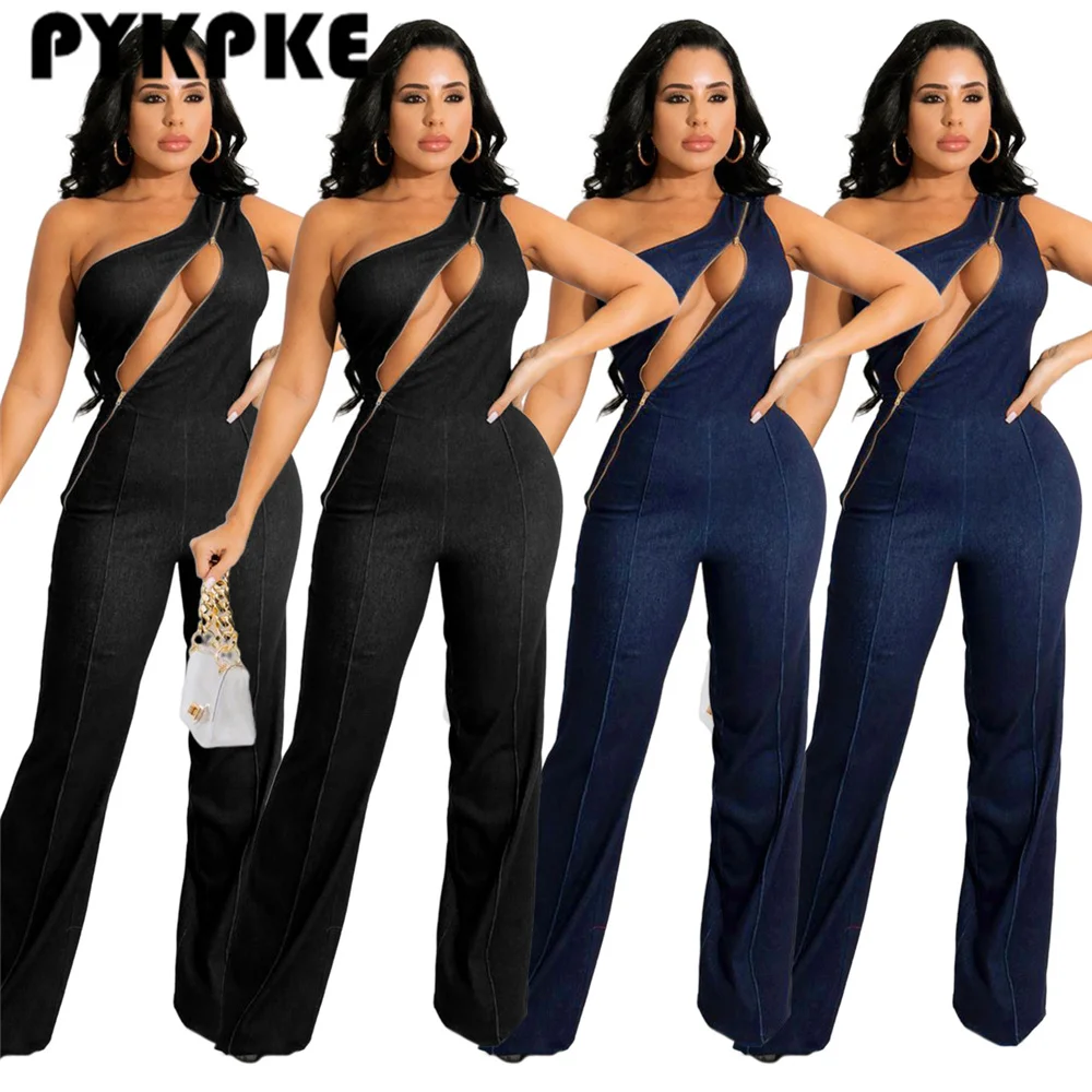 

Womens Jumpsuit Sexy Club Solid Color One Shoulder Hollow Zipper Bodycon Rompers