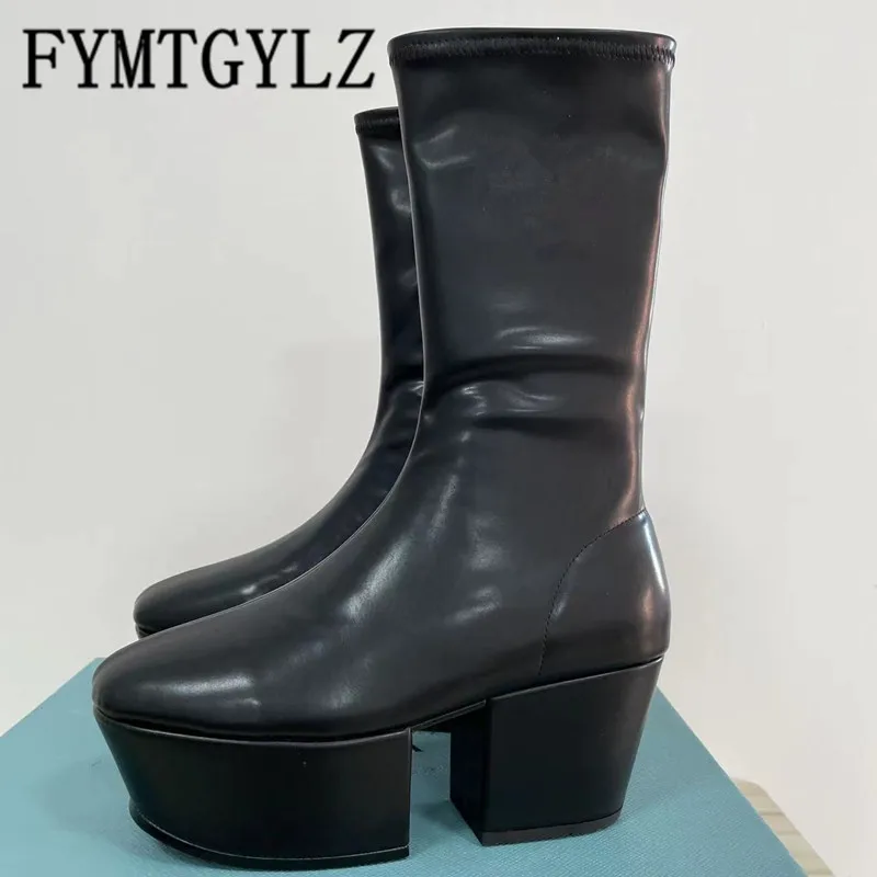 

Женские брендовые сапоги FYMTGYLZ, роскошные кожаные сапоги до колена на толстой подошве, зимняя новая женская обувь в римском стиле с конским к...