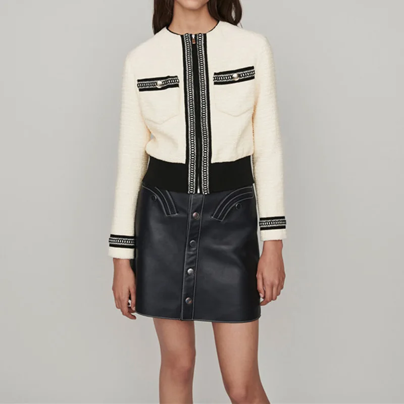 Женская твидовая укороченная куртка бежевое короткое пальто на молнии с круглым