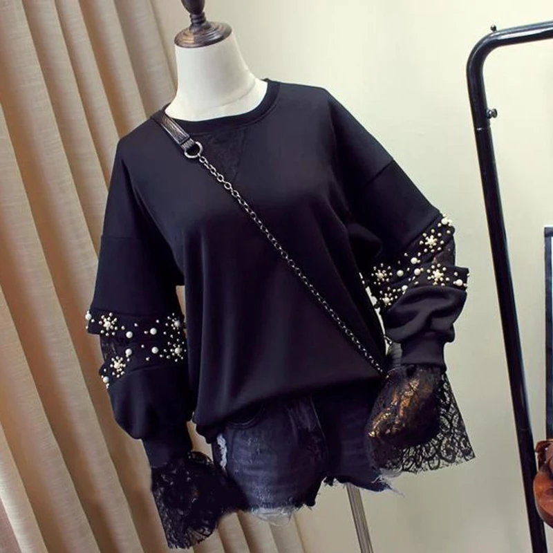 MUMUZI Large size 3XL women's black long-sleeved sweatshirts lace stitching large loose beading jackets style tops | Женская одежда