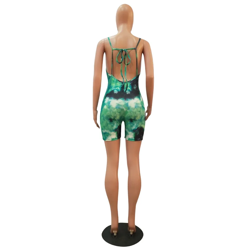 

Spaghetti Strap Summer Fitness Playsuit Women Tie Dyeing Print Sleeveless Short Bodysuit Casual O Neck Backless One Piece Romper