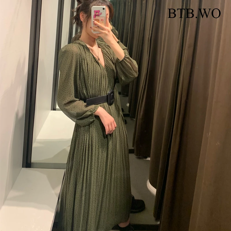 

BTB.WO Za Dress Women 2021 Elegant A Line Printed Midi Dress With Belt Long Sleeve Party Dress V Neck Female Vestidos