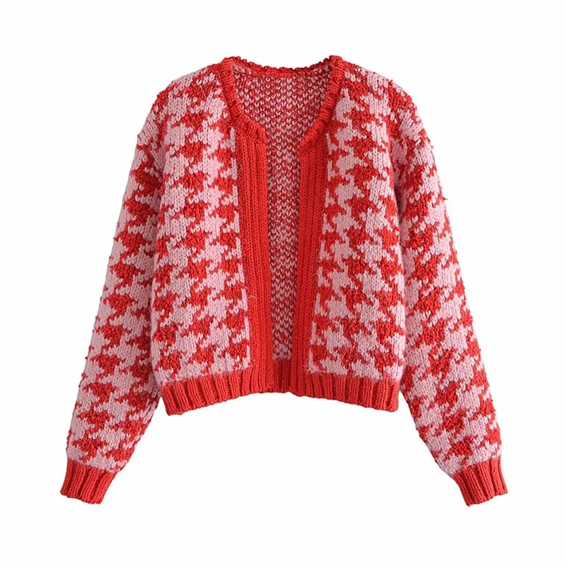 

UNIQYB ZA Women's Sweater Fashion V Neck Knitted Cardigans Sweater Red Houndstooth Cardigan 2021 Long Sleeve Cardigans Sweater