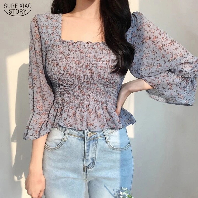 2021 повседневное Flare рукавом шифоновая рубашка в складку женская Blusas Mujer осень