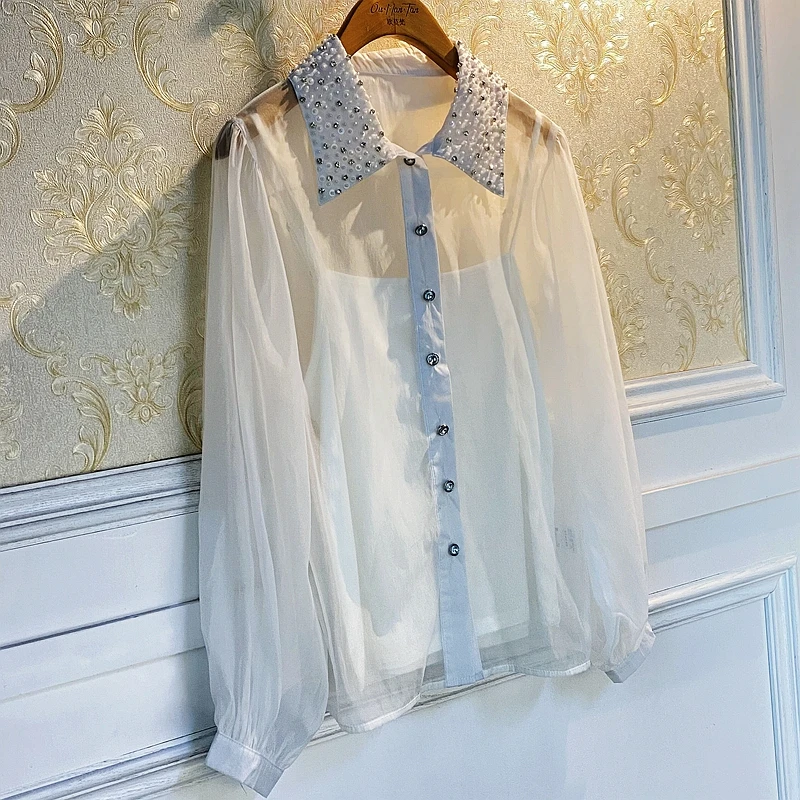 

2021 Women Crystal Shirts Spring Summer Casual Chiffon Blouse Women Tops and Blouses Long Sleeve Black White Ladies Blouse Shirt