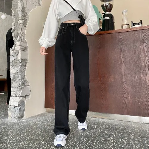 

2021 Black Straight Ladies Jeans Wide Leg High Waist Denim Jeans Mom Boyfriend Loose Pants Retro Bottom Casual Jogging Pants