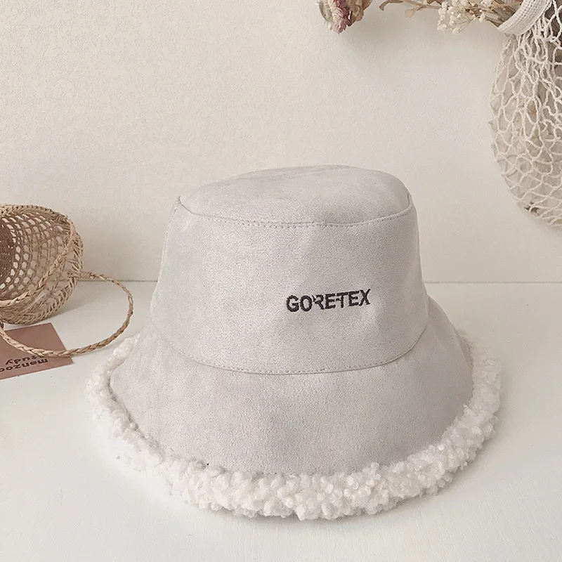 

New Korean Children Basin Cap Lambs Embroidered Letter Fisherman's Hat Double Layer Warm Hat for Boys and Girls Kids Accessories