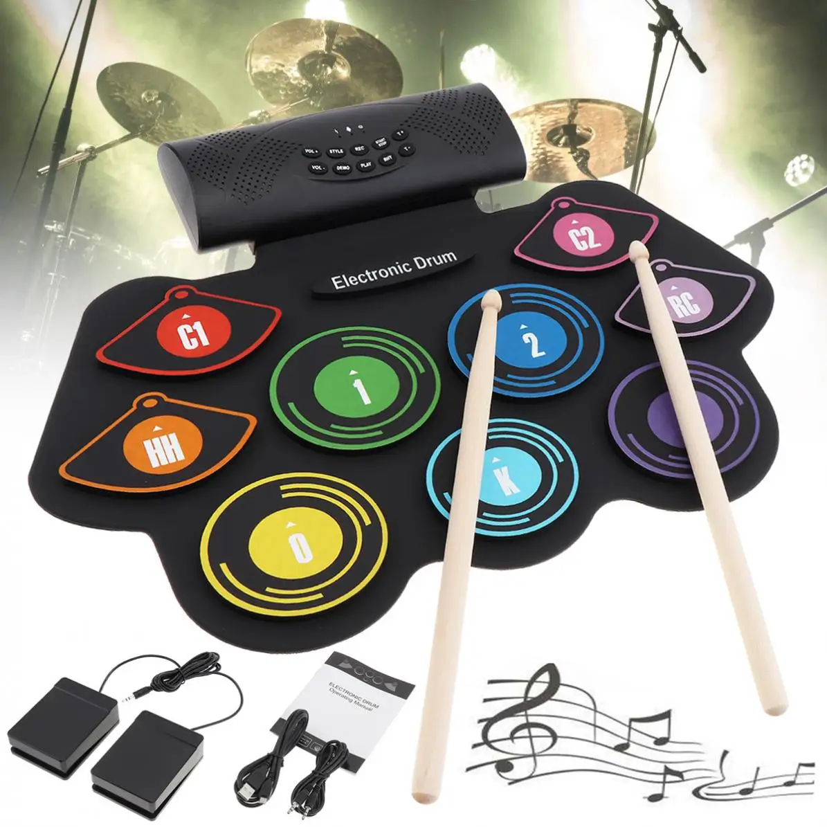 9 Pads Electronic Roll up Silicone Drum Double Speakers Stereo Electric Drum Kit Support USB MIDI with Drumsticks Sustain Pedal