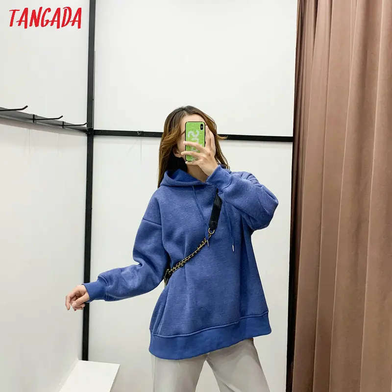 Tangada женские синие флисовые толстовки с капюшоном, зимние японские Модные женские пуловеры больших размеров, Теплые Топы с капюшоном 6L02