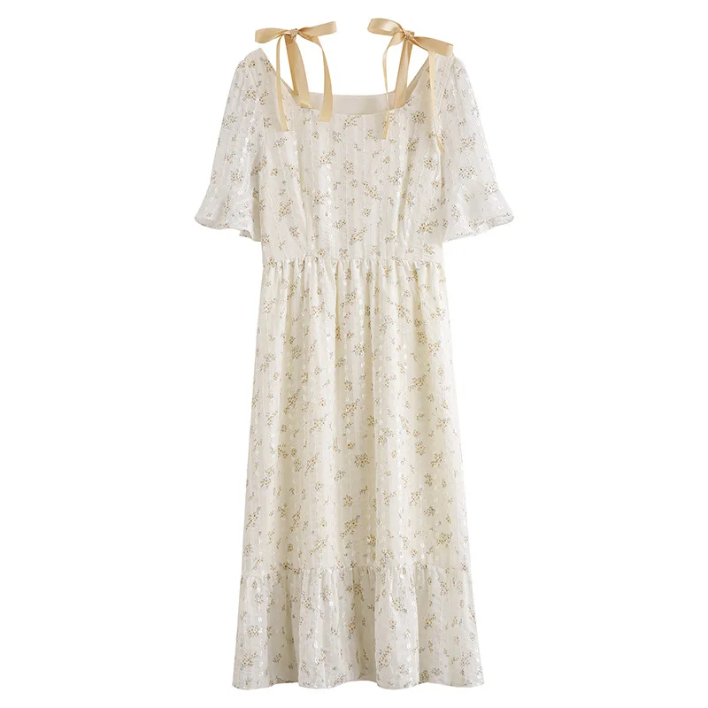 

High Quality Elegant Sweet Floral Print One Piece Fresh Fairy Dresses Women French Style Vintage Retro Chiffon Dress 2021 New