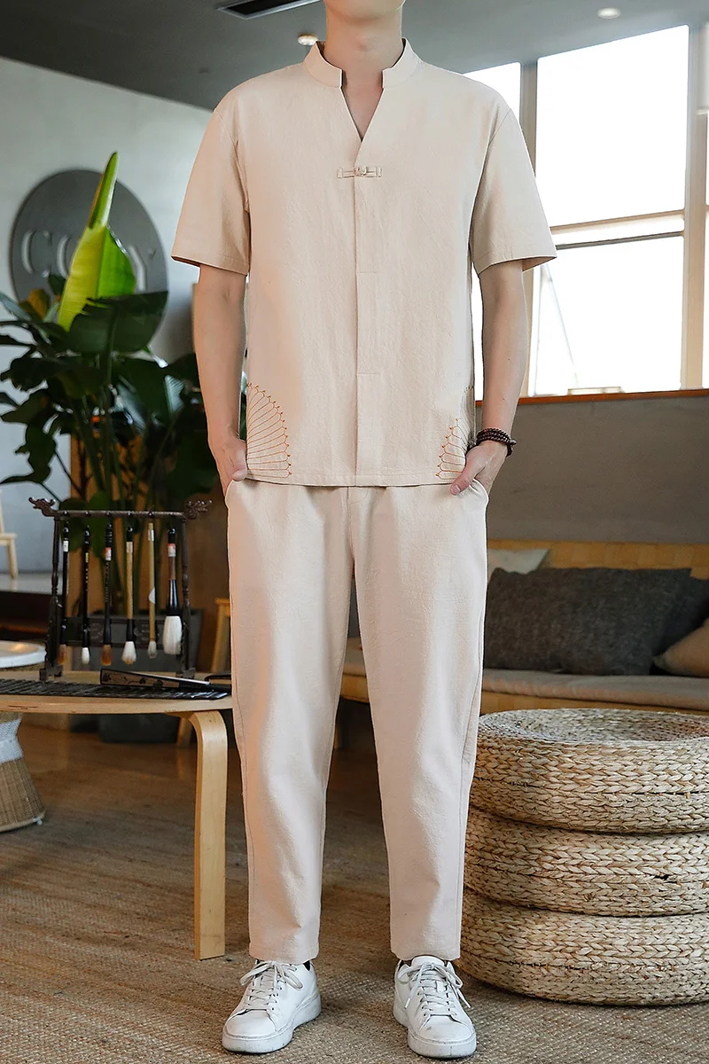 

2021 New Cotton and Linen Men Set Short-Sleeved Shirts+Trousers Embroidered Casual Two-Piece Men's Tracksuit 4 Color M-5XL 2005