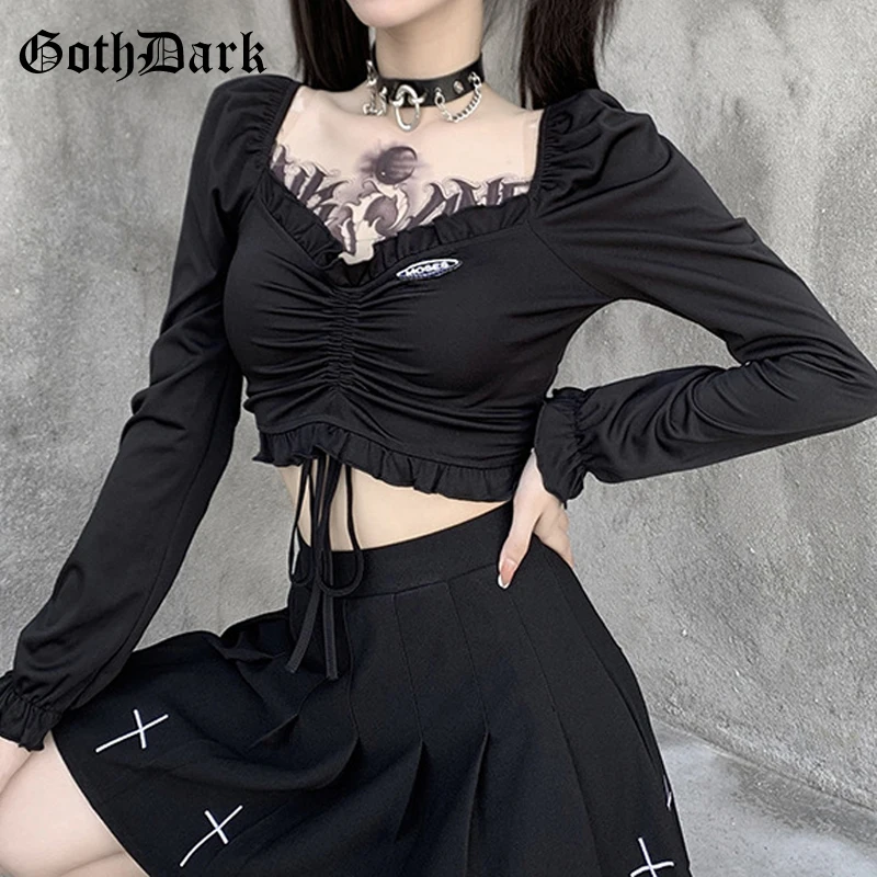

Goth Dark Vintage Gothic Autumn Black T-shirts Drawstring Front Ruffles Hem Sexy V-neck Women Crop Tops Long Sleeve Backless Top