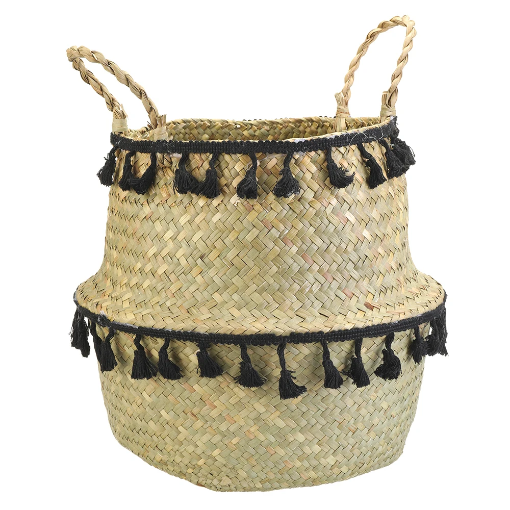 

Handmade Bamboo Storage Baskets Seagrass Wicker Basket Garden Flower Pot Laundry Basket Container Toy Holder with White Tassel