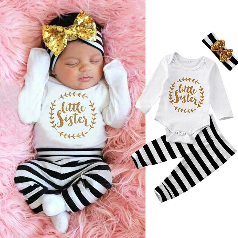 0-12M Baby Girls Boys Clothes 3PCS Toddler Letter Print Top Pants Headband Stripe Outfits Set roupa infantil | Детская одежда и