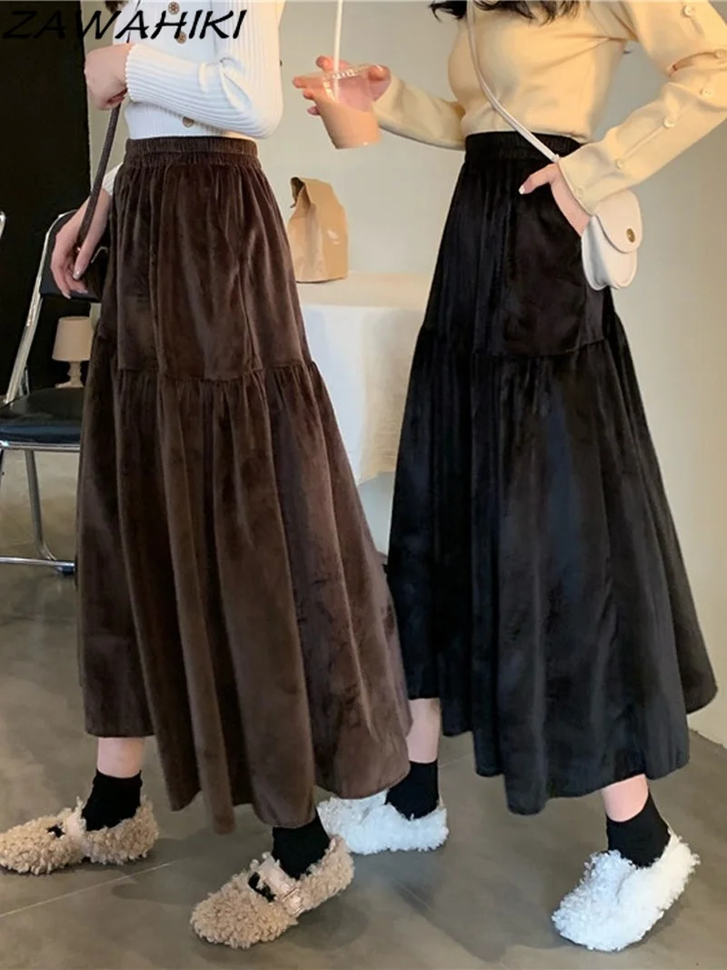 

ZAWAHIKI Women's Clothes Autumn and Winter Thickened 2021 New Skirts Black A Line Skirt Gothic Fashion Elegant Faldas Mujer