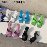2022 women slippers strappy mules shoes high heels 7cm sandals flip flops metal square toe slides sandalias mujer big size 35 41