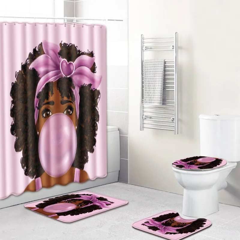 

WUJIE Waterproof Bathroom Mat Anti-slip Africa Girl Pattern Shower Curtain Sets+Toilet Pedestal Rug Mats 4 Pieces Home Decor