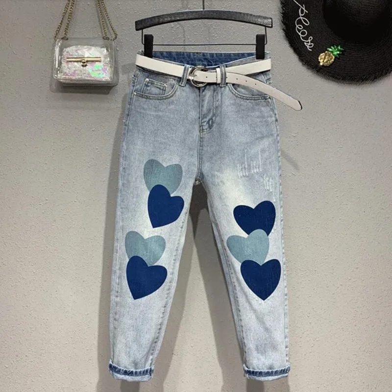Женские джинсы-шаровары с сердечками, Свободные повседневные брюки из денима в стиле бойфренд, модель s1044 на весну и лето, 2021 Женские джинсы-шаровары с сердечками, Свободные повседневные брюки из денима в стиле бойфренд, модель s1044 на весну и лето, 2021