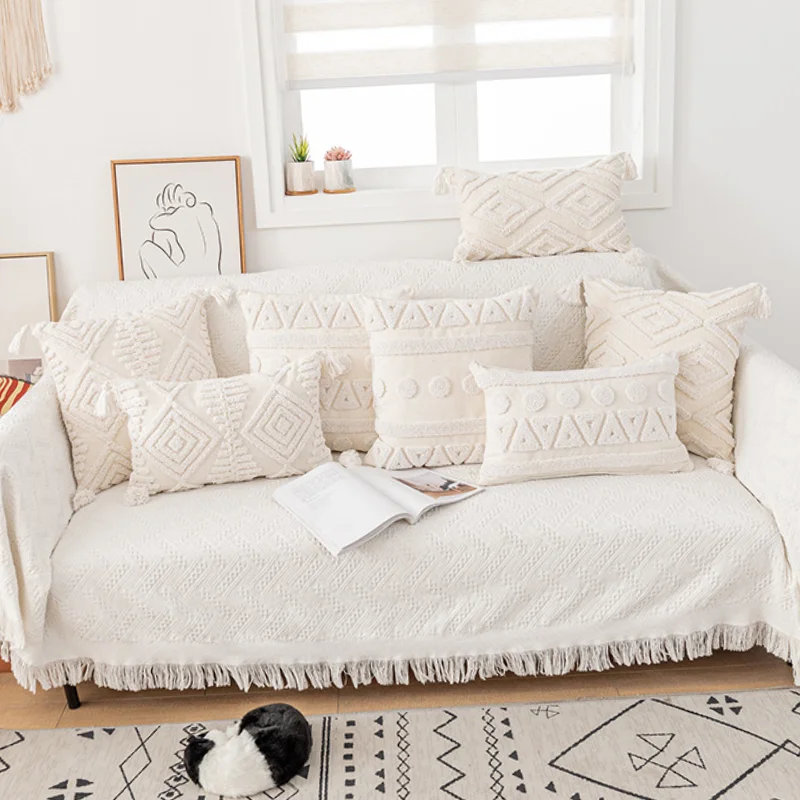 

New Tufted Loop Pile Large Tassel Cushion Simple Geometric White Beige Pillowcase Home Furnishing Decorative Pillowcase for Sofa