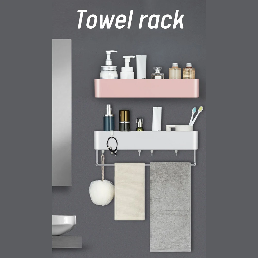 

Multifunction Bathroom Storage Shelf Wall Mount Shampoo Towel Rack with Hooks Free-perforated Home WC Organizer Accessories