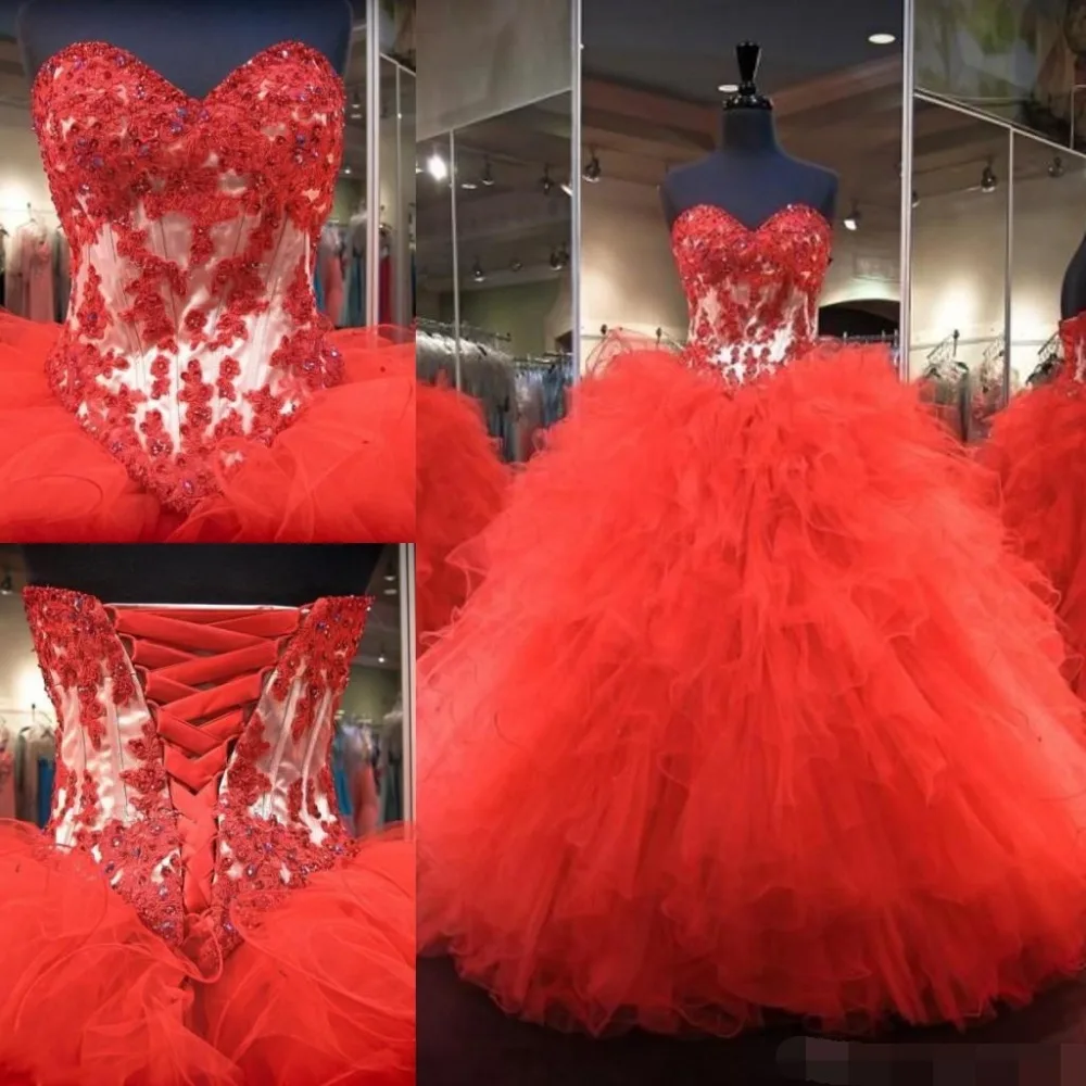 

Red Lace Up Ball Gown Quinceanera Dresses 2019 vestidos de 15 anos Sweetheart Appliques Floor Length Red Sweet 16 Prom Dresses