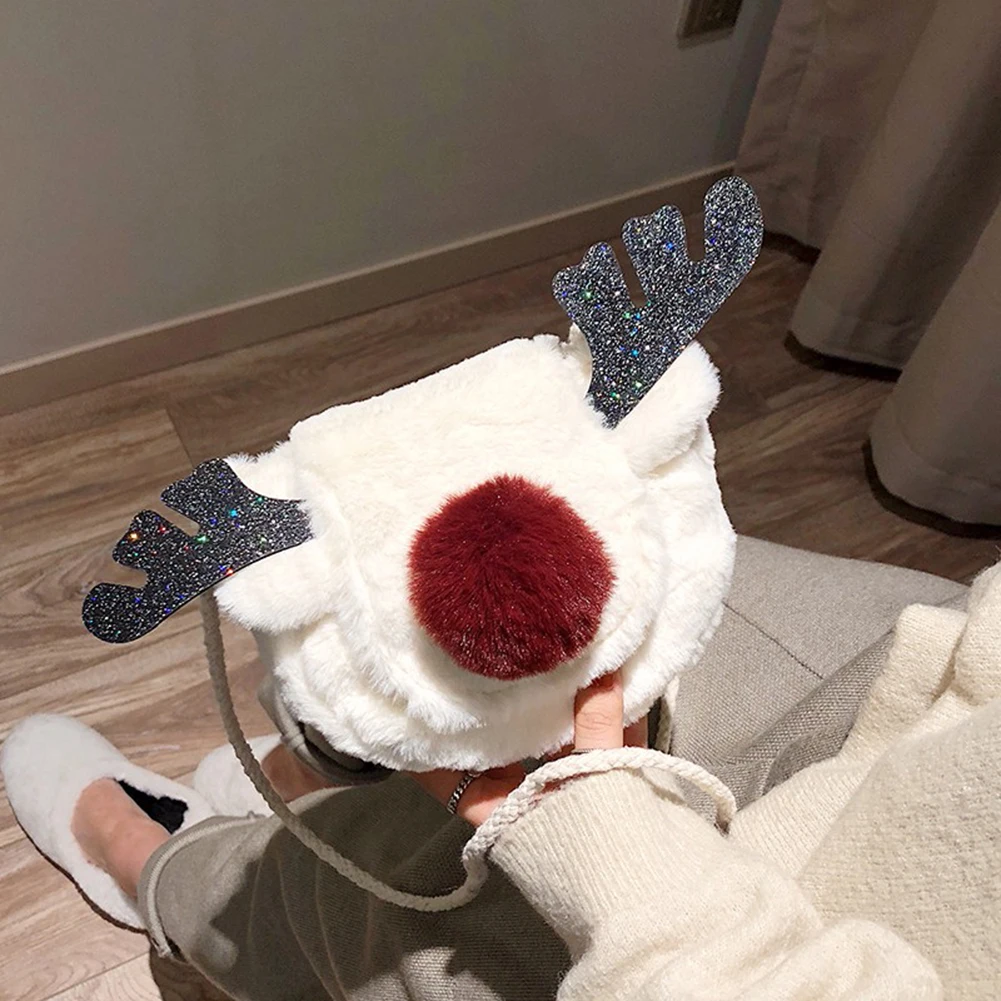 

Women Fashion Christmas Deer Soft Small Sweet Hit Cute Womens Handbags Purse Contrast Red Nose Reindeer Plush Crossbody Bag