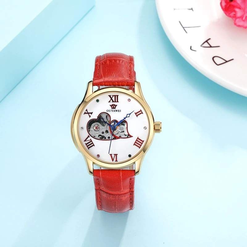 

Luxury Automatic Mechanical Women Fashion Wristwatch Leather band Skeleton White Dress Self Winding Lady Watches montre femme