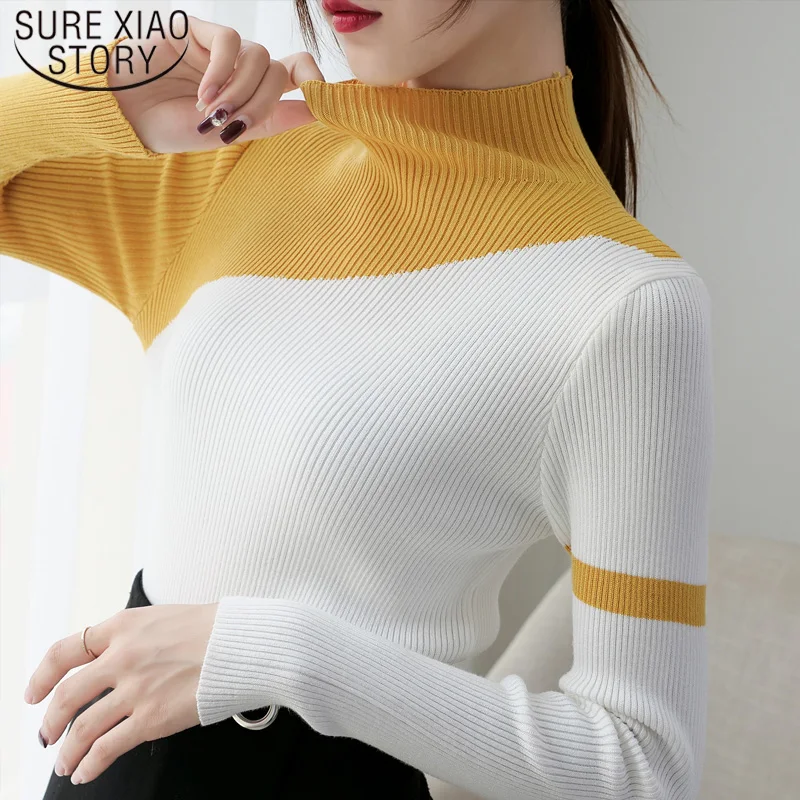 Autumn 2022 Semi-high Collar Knit Sweaters Women Tops Patchwork Bottoming Shirts Slim Winter Clothes Turtleneck 6998 50 | Женская одежда