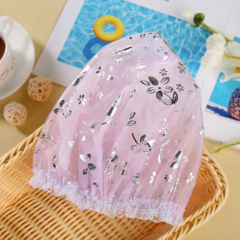 EVA double shower cap Waterproof shower cap Lace wire mesh boxed Face wash shower cap - Цвет: purple