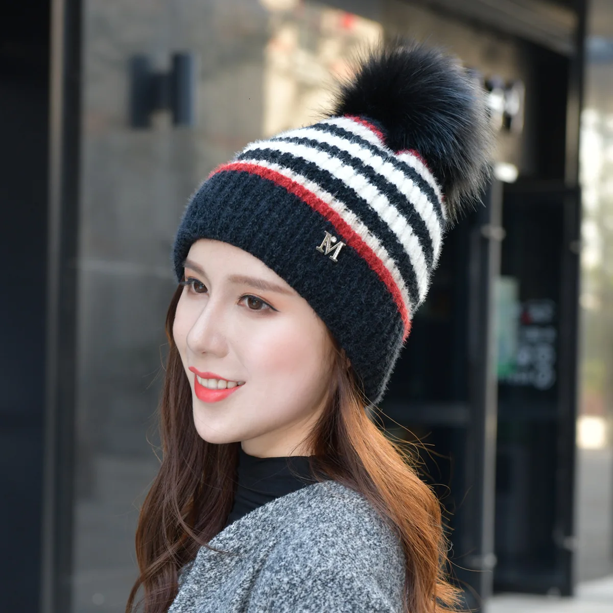 M Mark женские шапки из шерсти имитирующие шерсть енота вязанная цветная шапка