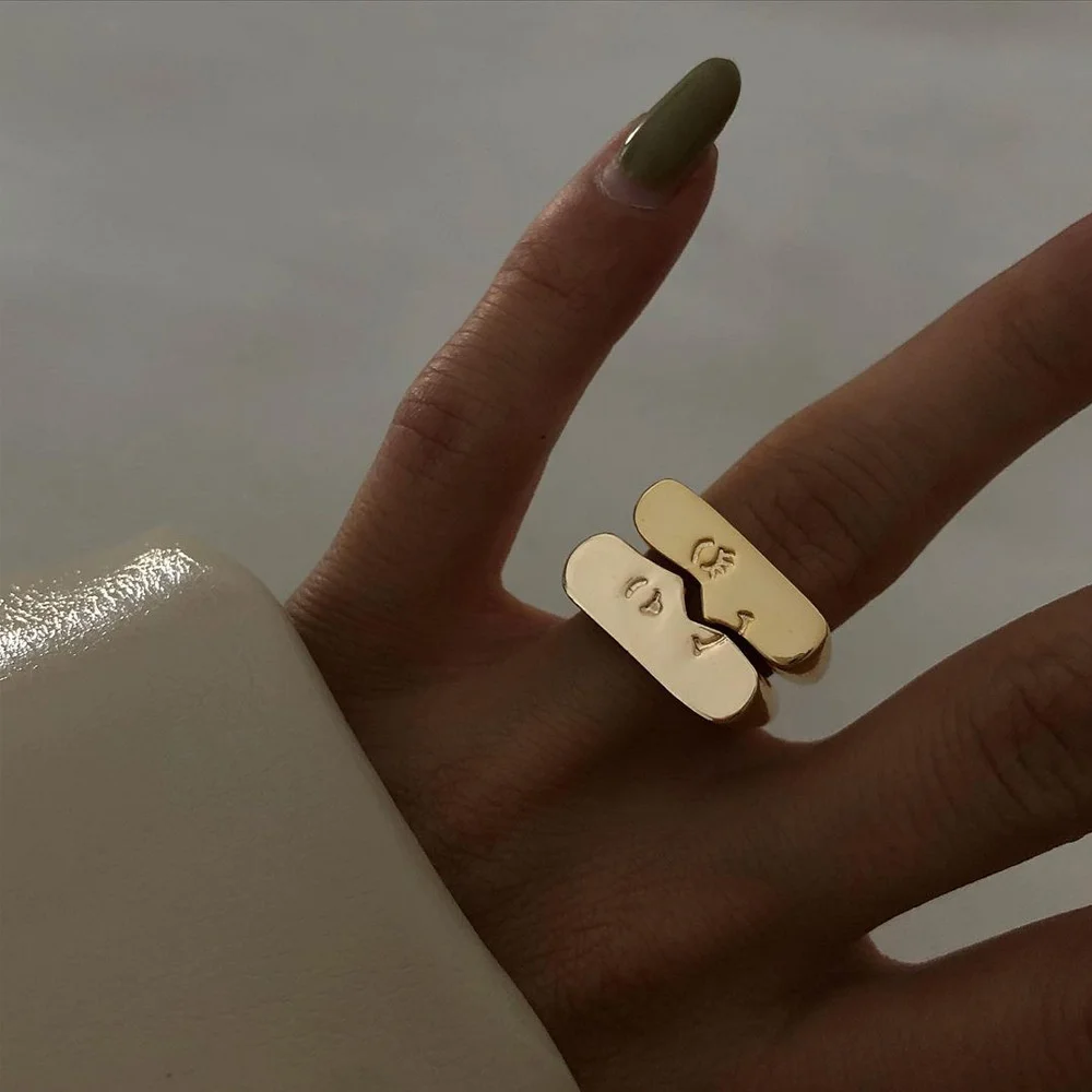 

2pc Portrait Ring Set Geometric Lover Couple Rings For Women Men Adjustable Open Cuff Wedding Matching Ring Sets Jewelry Gift