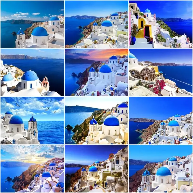 

CHENISTORY Oil Painting By Numbers Santorini Scenery Handpaint DIY Coloring By Numbers Canvas Acrylic Paint On Canvas Gift