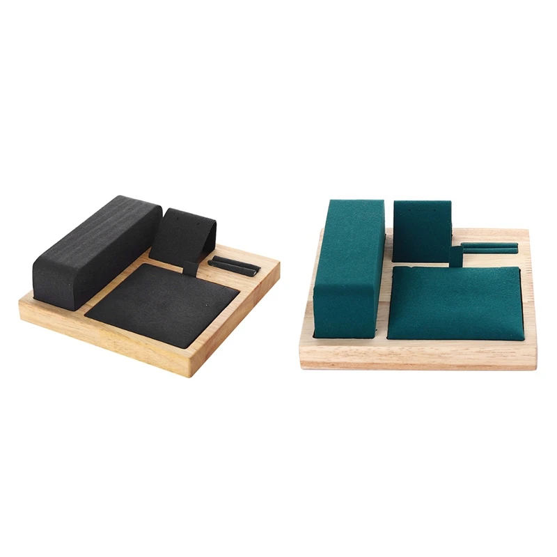 

2Pcs Bamboo Wood Jewelry Display Tray Jewelry Set Earrings Necklace Display Counter Jewelry Display Stand,Black & Green
