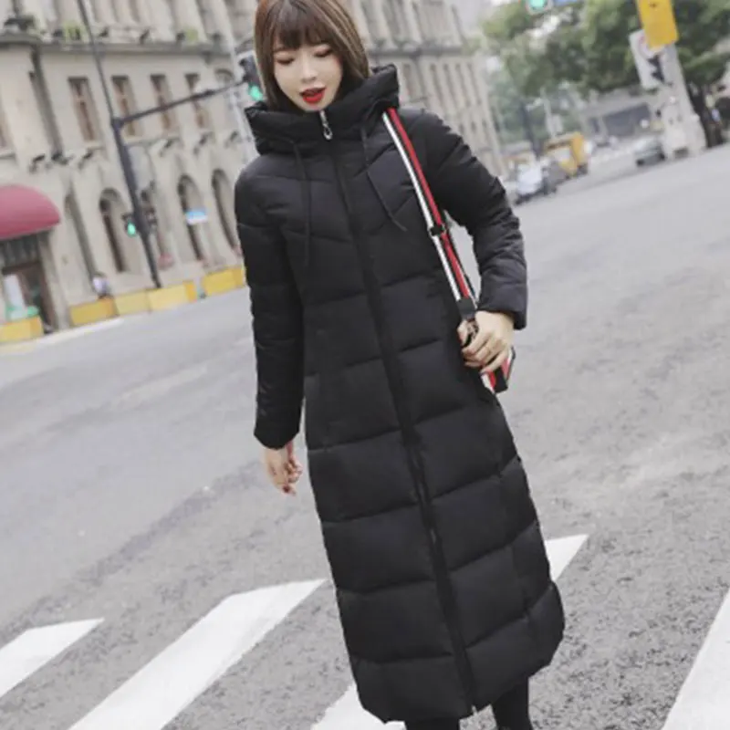 Длинные с капюшоном плотные тонкие теплые пуховые пальто женские повседневные