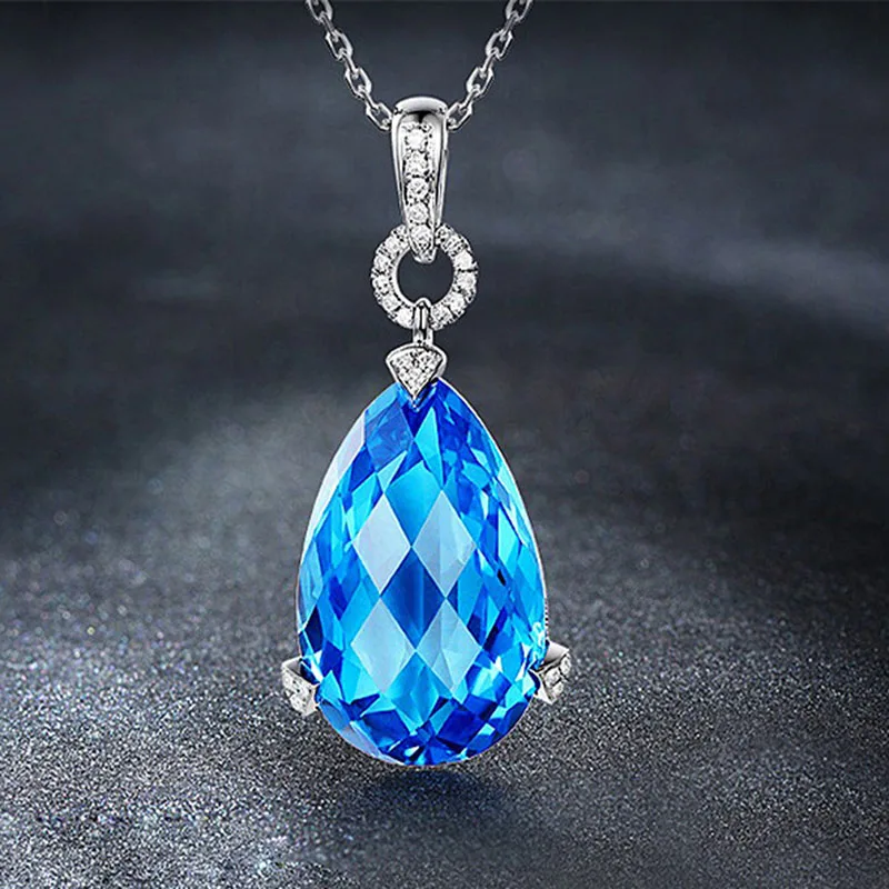 

925 New Temperament Drop-shaped Simulation Aquamarine Inlaid Zircon Color Treasure Pendant Necklace Fine Jewelry Wholesale Women