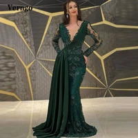 verngo exquisite dark green lace applique beads evening dresses long sleeves sheer neck mermaid prom dress women formal dress