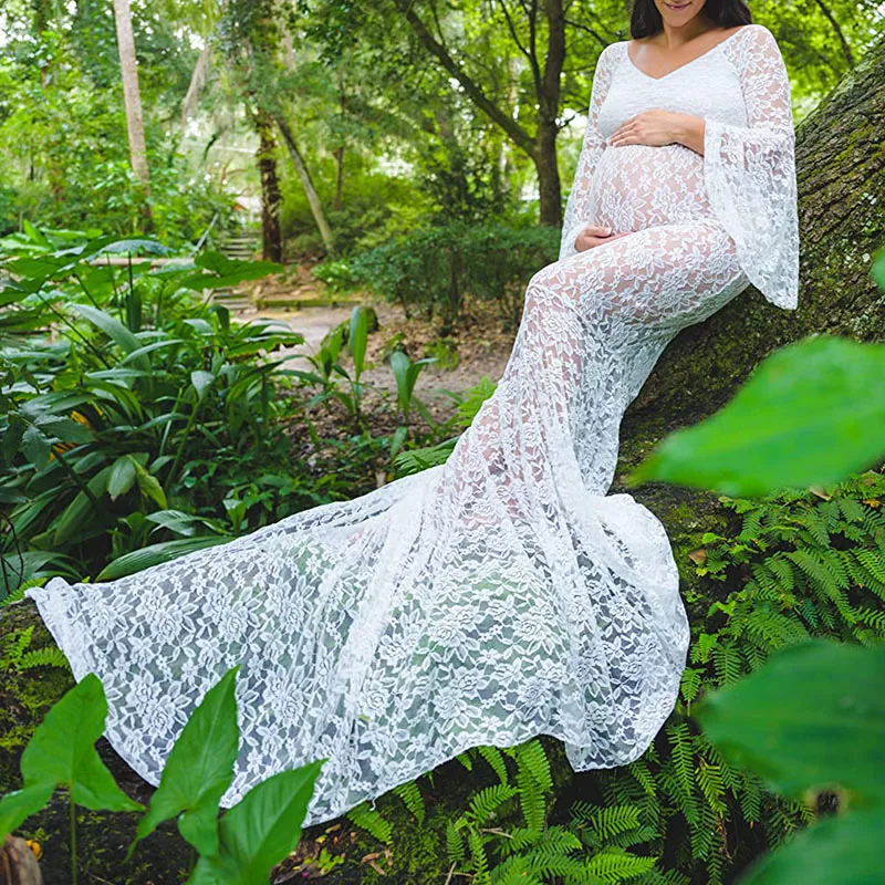 

Lace See-Through Pregnant Photography Gown Dress Sexy Off Shoulder Flared Sleeve Maxi for Baby Shower Elegant Evening Dress